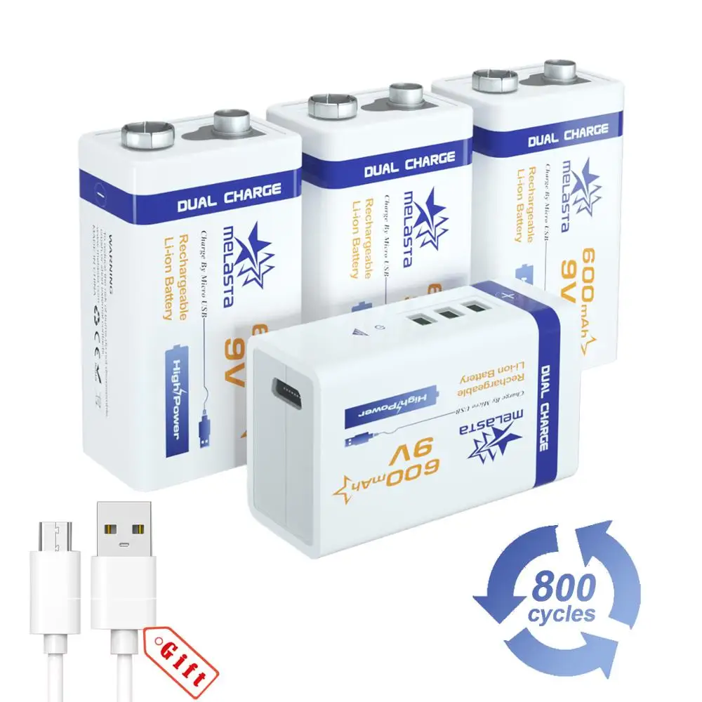 

Melasta 4pcs Li-ion 9V USB 600mAh 6F22 rechargeable battery for wireless microphone smoke alarm Multimeter Guitar EQ Intercom