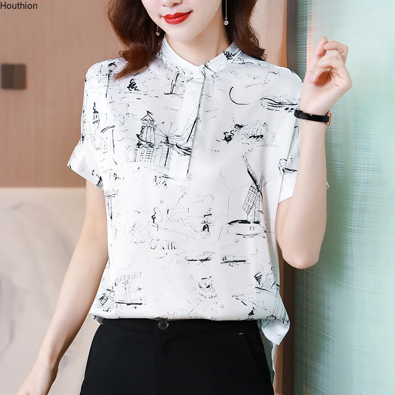 

Women's Blouses Short Sleeve Tops Fashion Top Polo Shirts Casual Blouses Printed Shirt Chiffon Loose Summer Lady Blusas Houthion