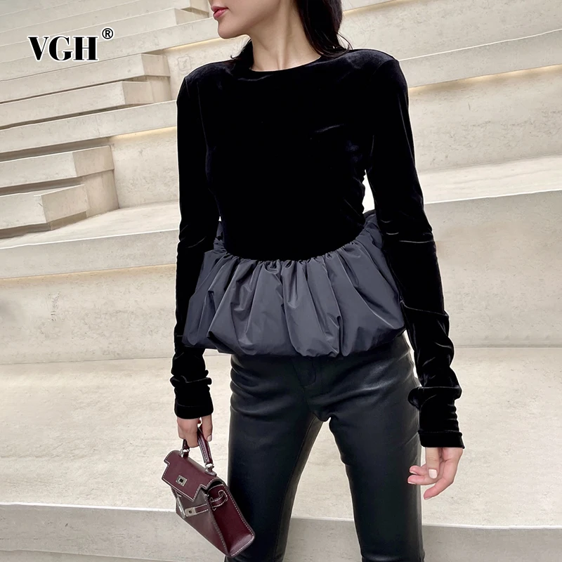 

VGH Casual Pstchwork Colorblock Slim T Shirt Female Round Neck Long Sleeve Fashion T Shirts For Women Autumn Style 2021 New
