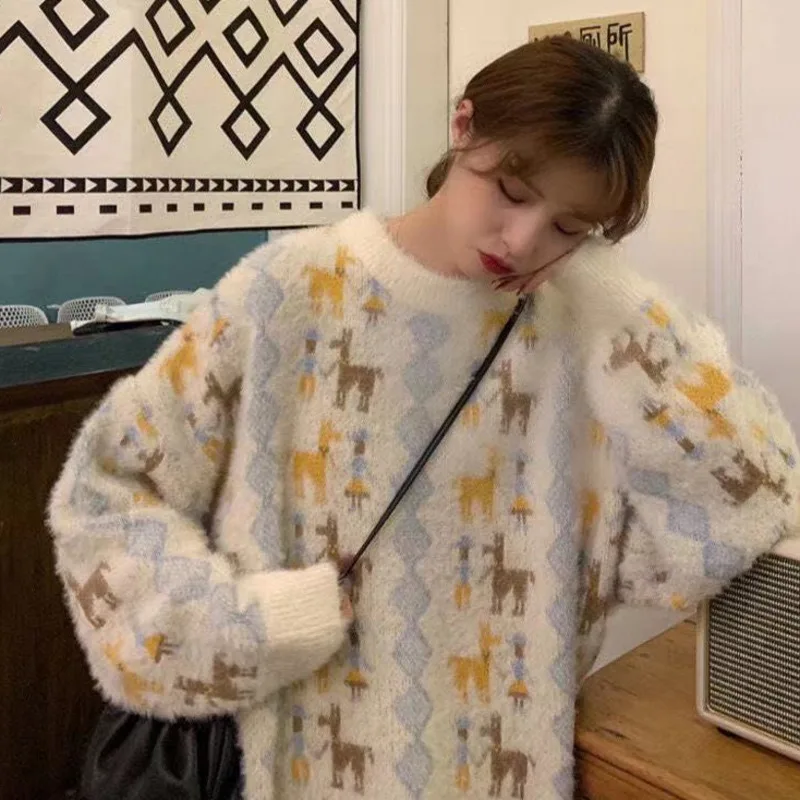 Пуловер пушистый Женский Осенний с мультяшными животными вязаный свитер