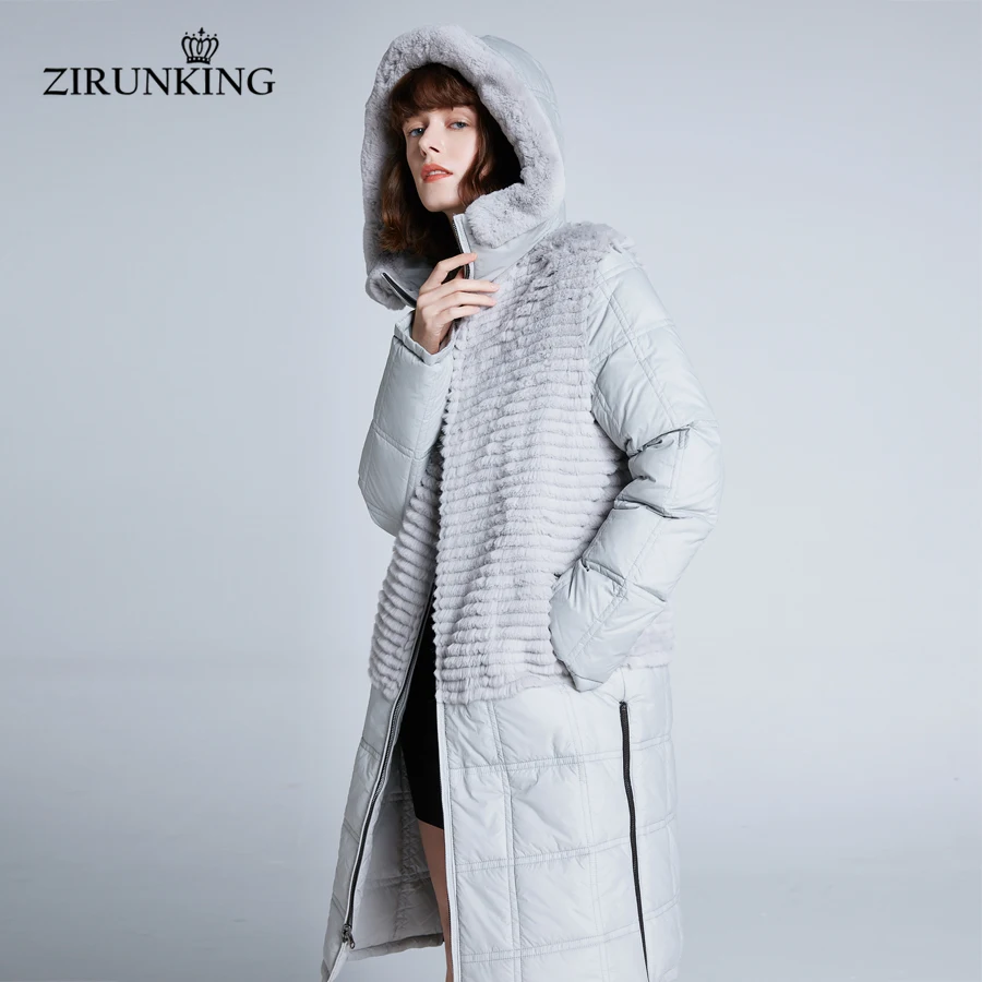 ZIRUNKING женский Настоящий мех кролика с пухом двусторонние Куртки Леди Меховая куртка Женская 90% утиный пух пальто зимнее пальто ZC1903