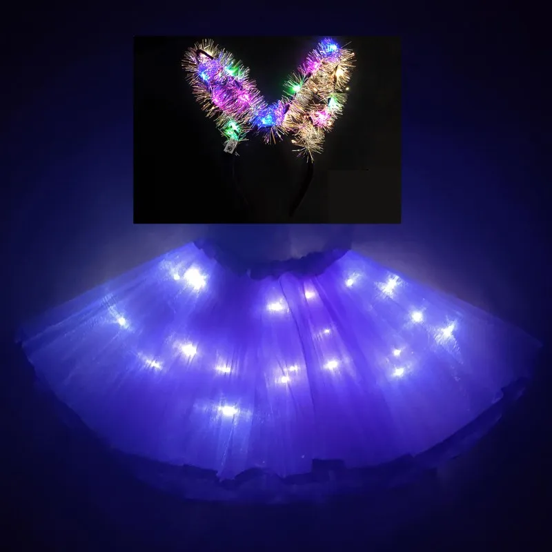 

2020 new Light LED Girl Kids Clothes Tutu Skirt Princess Party Tutus Rabbit ears Headband Christmas deep purple skirt