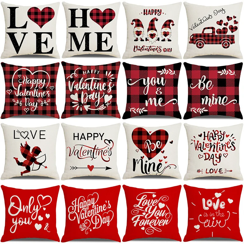 

Love Valentine's Day Pillow Case Linen Cushion Cover 45x45cm Red Printed Farmhouse Decorative Sofa Decor Funda Cojin Cojines
