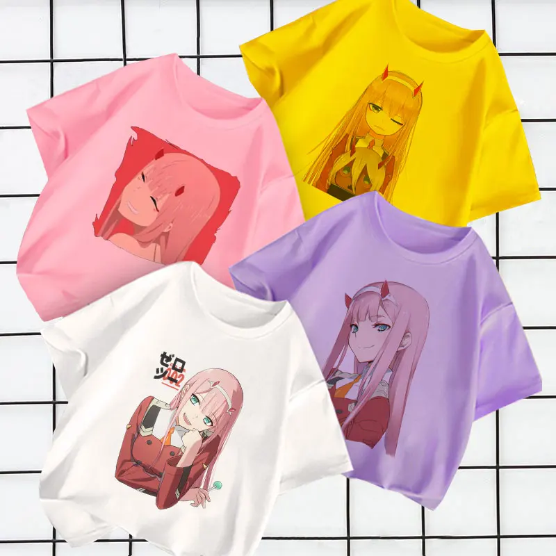 Белая розовая детская футболка с аниме любимый в FRANXX для мальчиков летняя