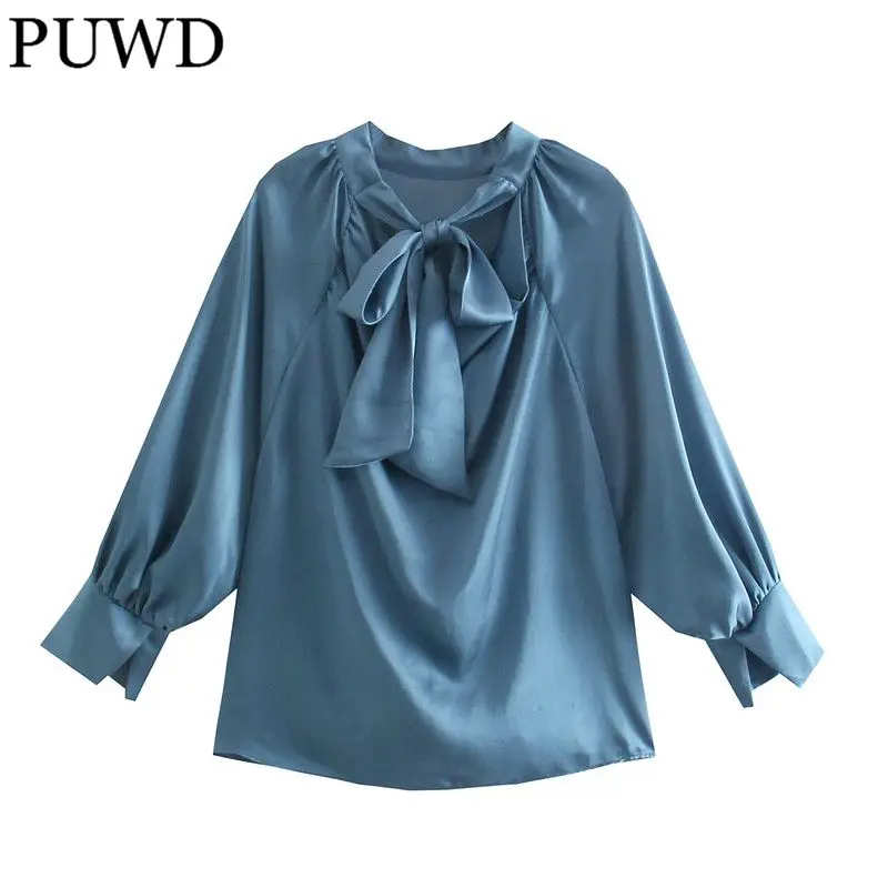 

PUWD Oversize Women O Neck Bow Lace Blouse 2021 Autumn Fashion Ladies High Street Vintage Shirt Female Solid Color Shirt Top