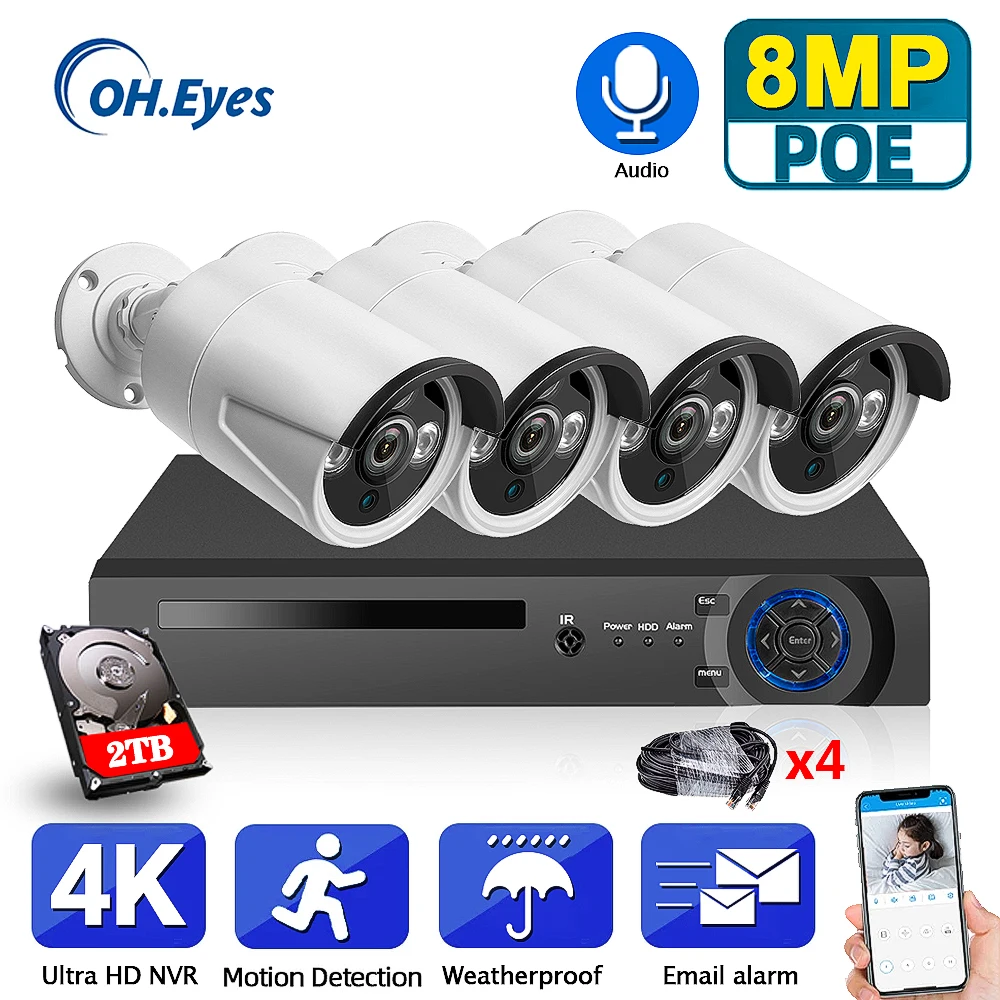 

OH.EYES Ultra HD 4K POE NVR Kit 4 Channel CCTV Camera Security System Kit 8MP Waterproof IP Camera Video Surveillance Camera Set
