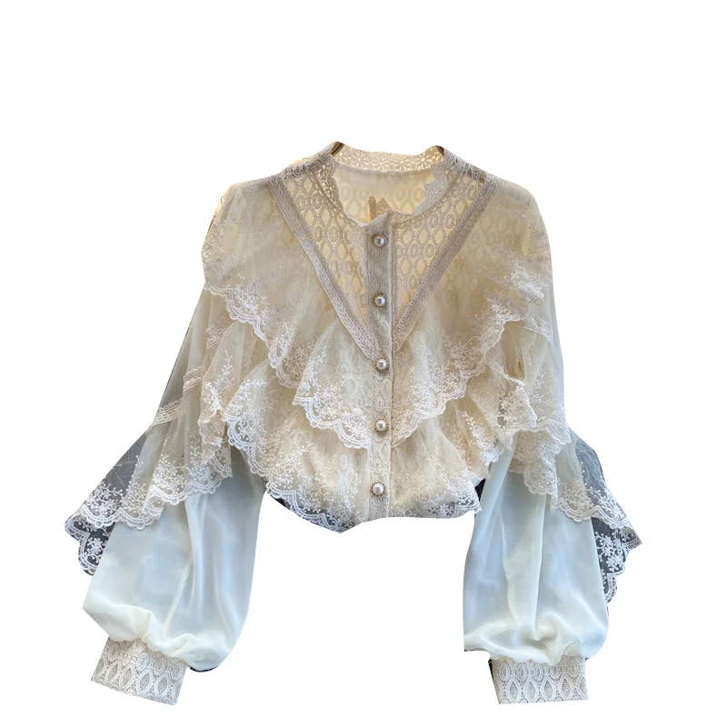

Spring Summer Mesh Lace Blouses Women Sweet Puff Sleeve Gauze Blouses Ladies Elegant Shirt Tops Stand Collar Chiffon Shirts 2021