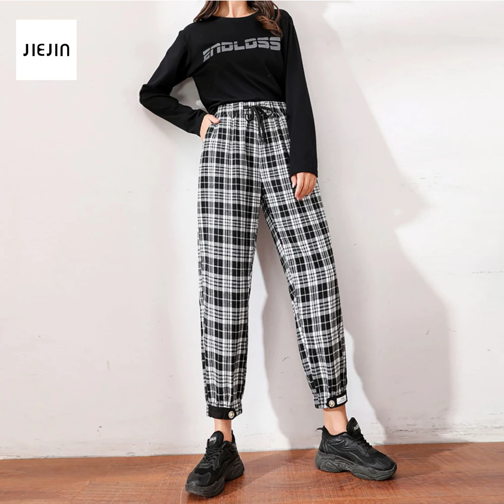 

Черные и белые клетчатые брюки с высокой талией, женские спортивные штаны harajuku, свободные штаны-шаровары с эластичной резинкой на талии 2020