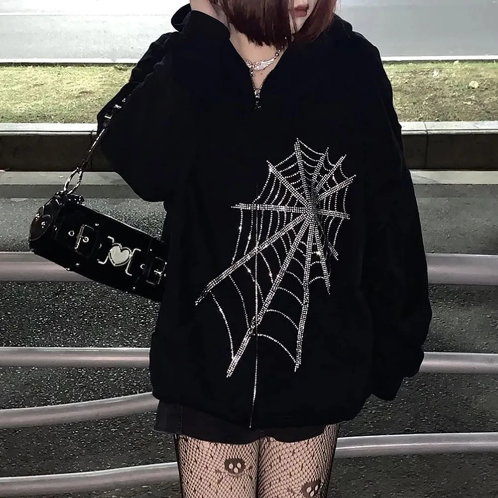

2021 Autumn Winter Fashion Women's Casual Loose Coat Jacket Spider Hot Drilling Printing Long-sleeved Hooded Women Hoodie