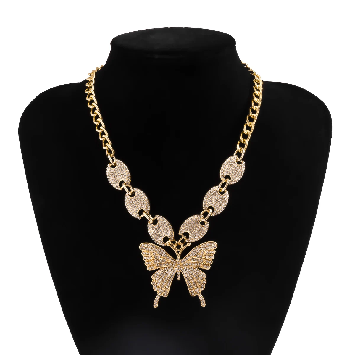 

KunJoe Shiny Iced Out Crystal Butterfly Pendant Necklace Hip Hop Women Big Size Butterfly Pendant Choker Statement Jewelry Party