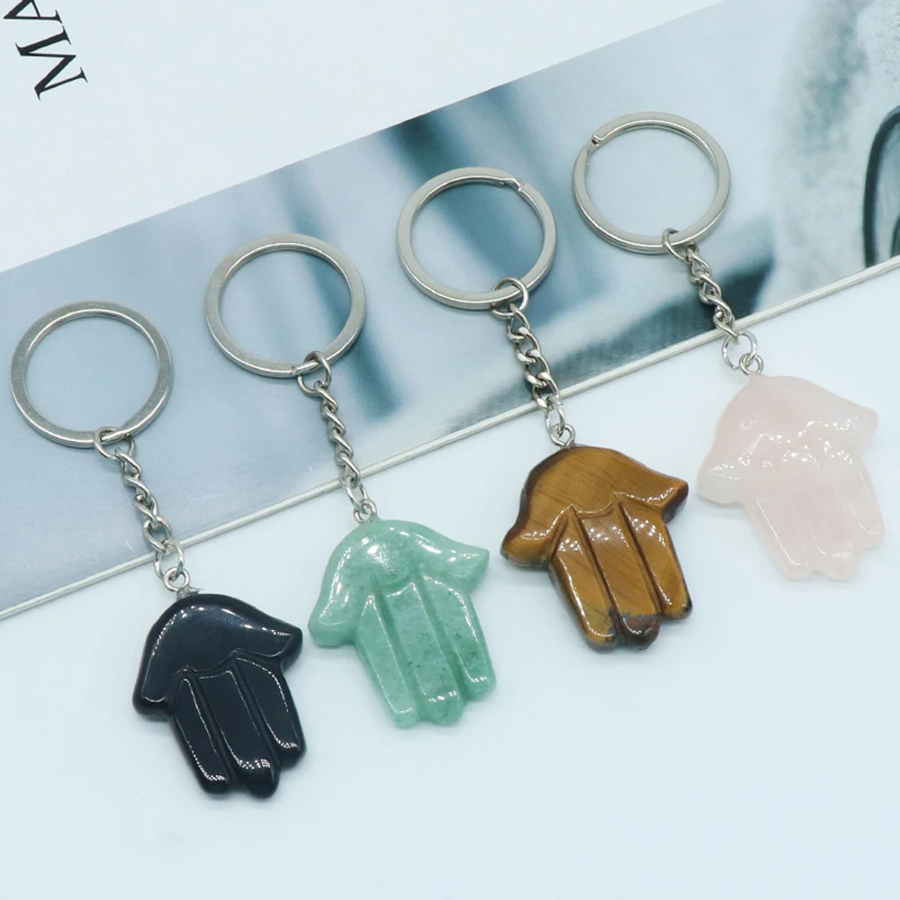 

Personalized Keychain Natural Stone Agates/Rose Quartz Hand of Fatimas Pendant Keychain Unisex For Women Men Jewelry Gifts