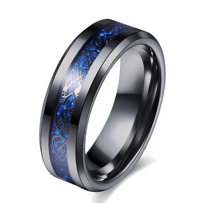 Модное мужское кольцо 8 мм синий дракон из углеродного волокна Дизайн черные