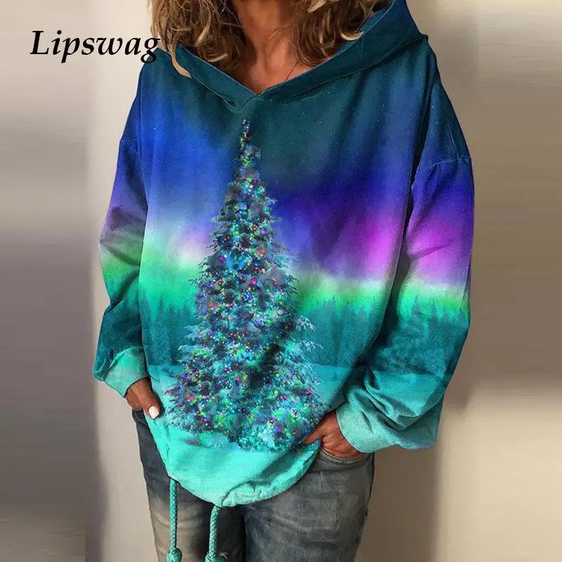

Autumn Harajuku Christmas Tree Print Sweatshirt Tops 2021 Spring Winter Long Sleeve V-neck Hoodie Women Loose Streetwear