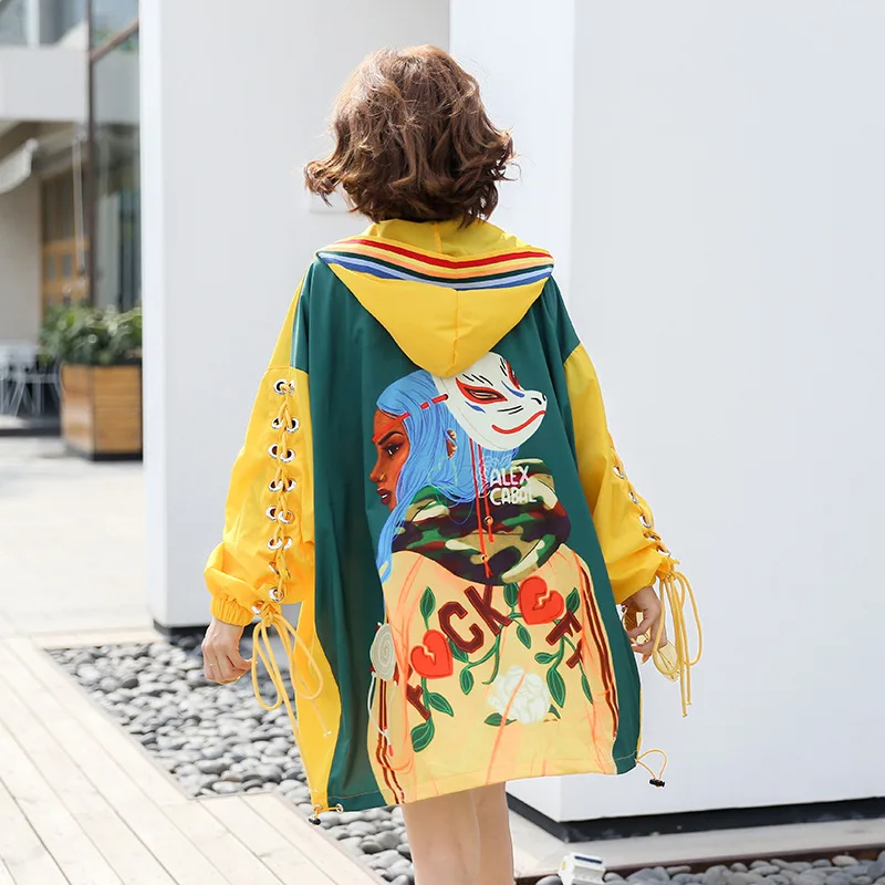2019 весенне осенний Тренч со шнуровкой женская одежда маска Harajuku узорная ветровка