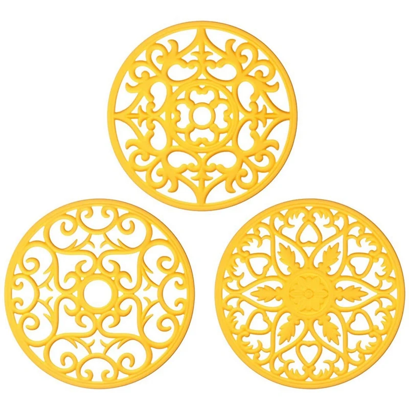 

3 Set Silicone Multi-Use Intricately Carved Trivet Mat - Insulated Flexible Durable Non Slip Coasters