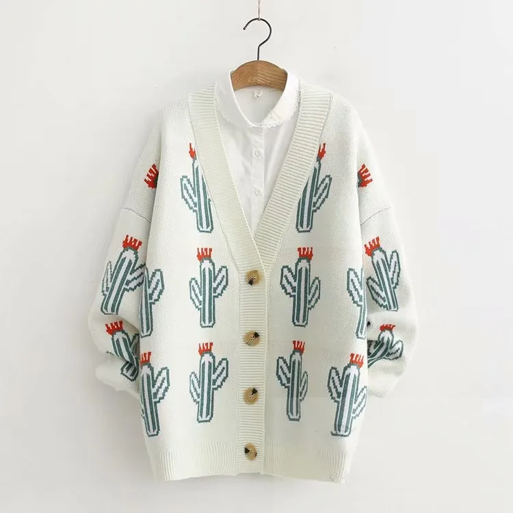 Свободный кардиган с рисунком кактуса и v-образным вырезом |