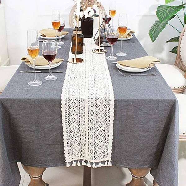 

Macrame Table Runner,Cotton Crochet Vintage Table Runner with Tassels,for Wedding Dining Table,Bohemians Style(24X220cm)