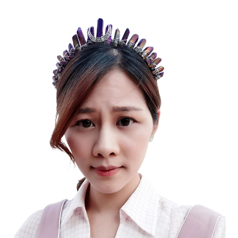 

Bridal Jewelry Crescent Moon Tiara Crown Rainbow Raw Quartz Crystal Headband