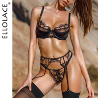 ellolace lace lingerie embroidery womens underwear transparent erotic push up bra and panty set black fancy garters intimate