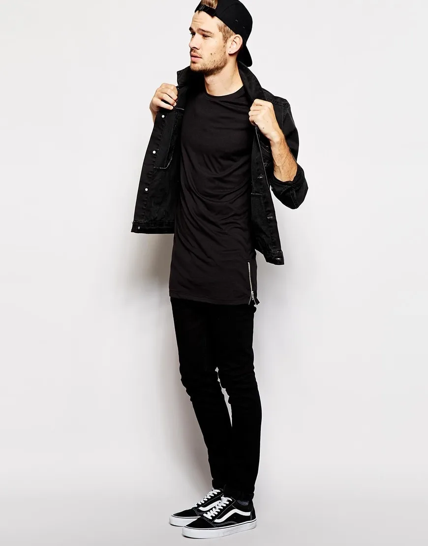 Мужская хлопковая футболка черная длинная в стиле хип хоп с короткими рукавами и