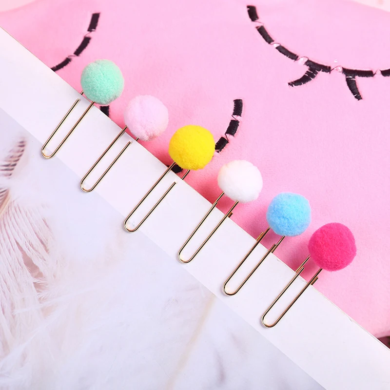 6pcs/set Kawaii Hairball Rose Gold Cilp Candy Color Modelling Cute Paper Clip Decoration Office Supplies Stationery DIY Set | Канцтовары
