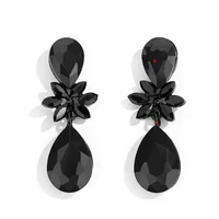 elegant black faceted rhinestone flower teardrop shaped crystal long stud earrings for women female party jewelry