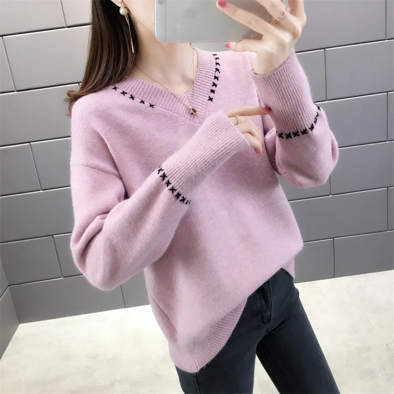 Женский модный свитер с v-образным вырезом тонкий вязаный женский пуловер |