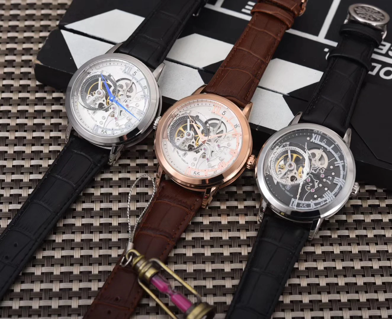 

Luxury Brand New Men Rose Gold Black Leather Automatic Mechanical Sapphire Tourbillion Watch Glass Back See Through Waterproof