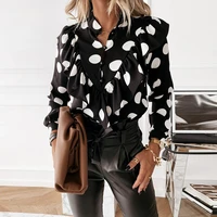 casual leopard dot print ruffle shirt women autumn winter long sleeve women shirts elegant office lady v neck button tops tee