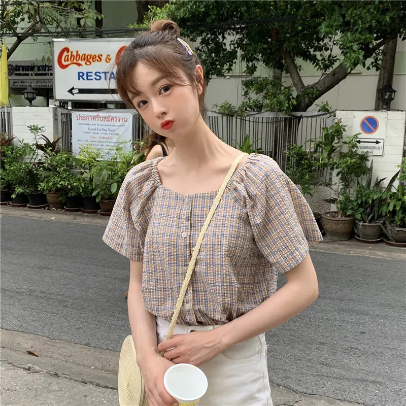 

2021 Small Short-Sleeved Plaid Shirt Women's Summer Wear Fresh Loose Square Collar French Style Top Western Style Small Shirt