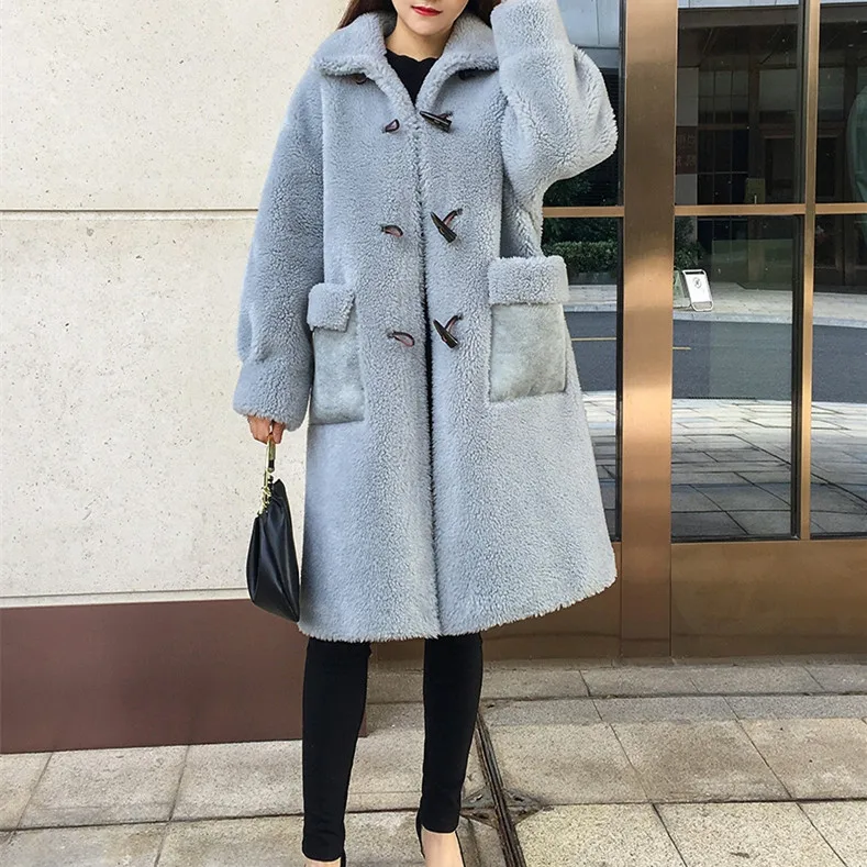 SY07 Fall winter women 30% real wool fur coat overcoat Horn buckle warm pocket sheep shearing girl fur coats lady long jacket - Цвет: blue