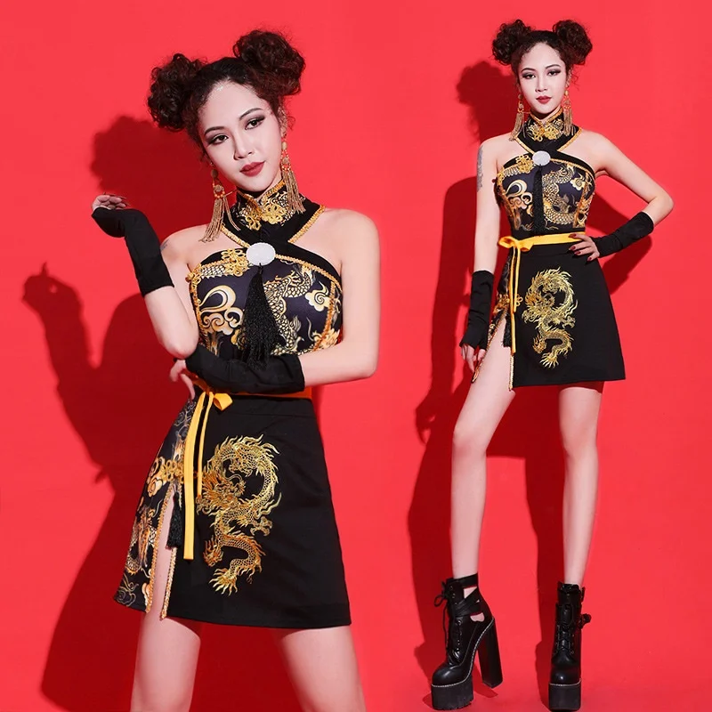 

Пикантная одежда в китайском стиле, Женский комплект из 2 предметов, китайский воротник, праздничный наряд, костюм Тан, Азиатский чонсам, сце...