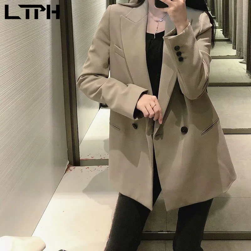 LTPH-Chaqueta informal de negocios para mujer, blazer elegante vintage con doble botonadura, de longitud media, color sólido, primavera 2021