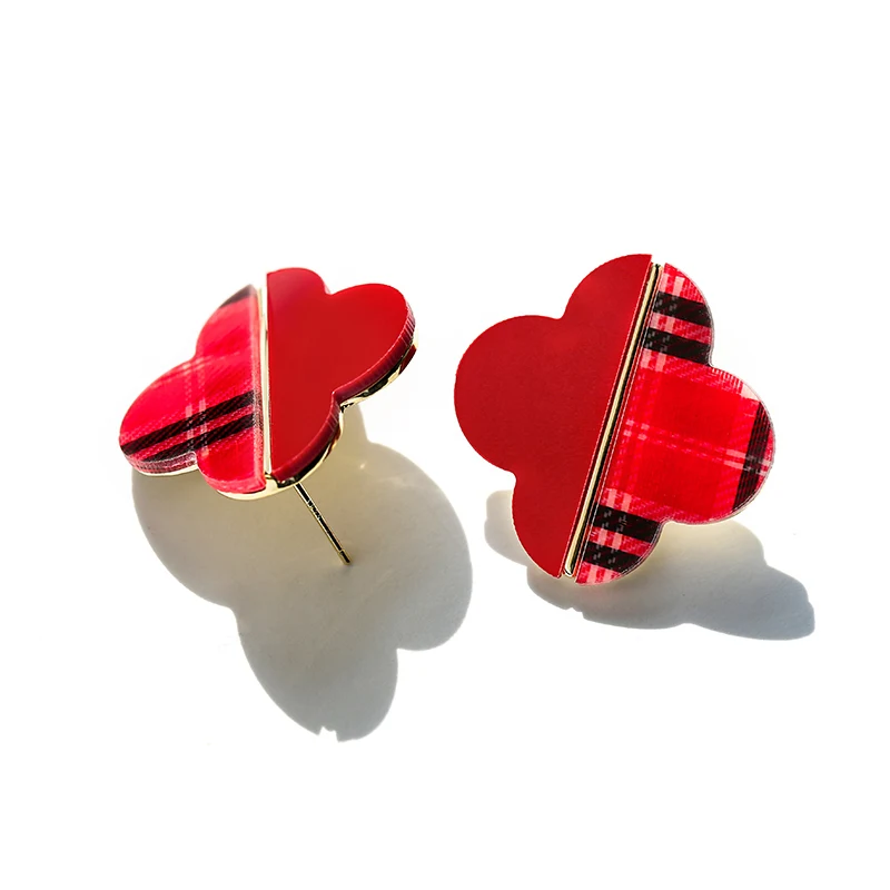 Модные красные серьги гвоздики из четырехлистного клевера с цветком Акриловые