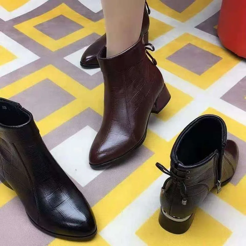

Ankle Boots Women Pointed Toe Thick Heels Genuine Leather Shoes Short Boots Soft Sole Footwear Plus Size 35-43 Est 2021 New