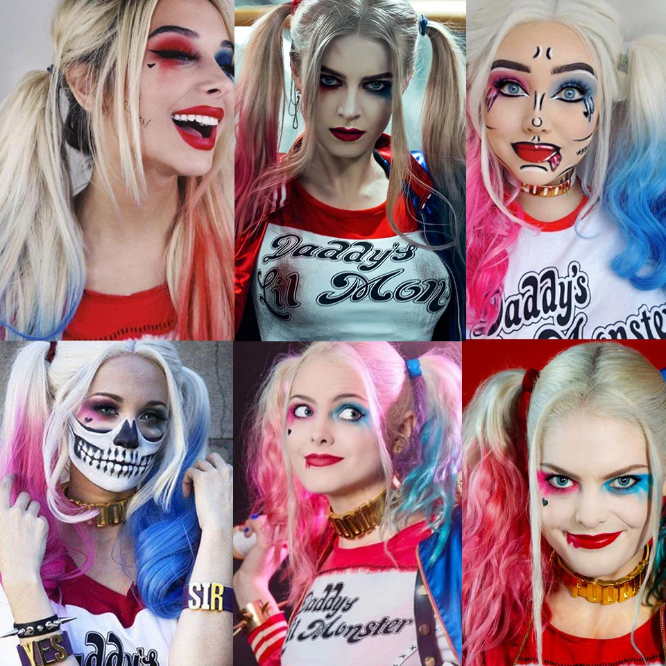 

LUPU Long Curly Ombre Pink And Blue Wig Cosplay Wigs Middle Part Synthetic Hair For Women High Temperture Fiber