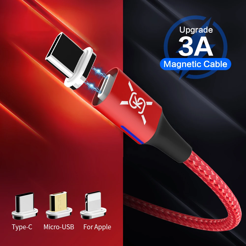 SIKAI 3A Магнитный зарядный кабель Micro USB C 3 в 1 для iPhone магнитный Android быстрой зарядки