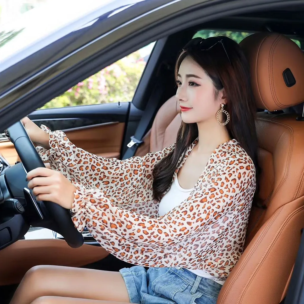 Женский шифоновый костюм от солнца Элегантная блузка в горошек с леопардовым