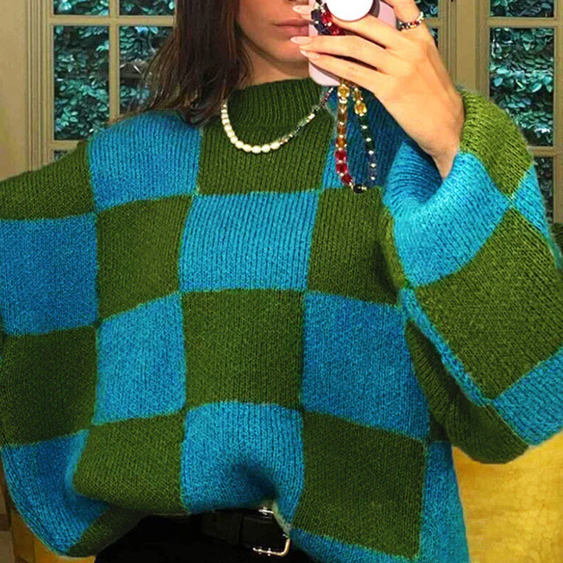 

Женский Повседневный свитер в клетку, Синий Свободный мягкий пуловер с длинным рукавом и круглым вырезом в уличном стиле, модель 2021 Y2k на осе...