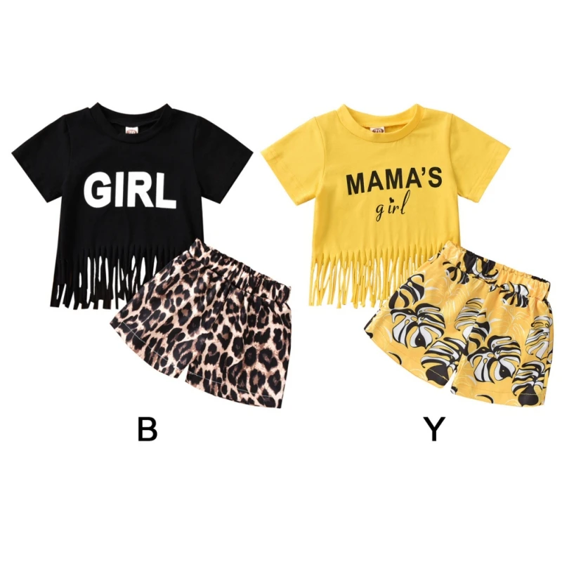 

Girl Suit Tassel Letter Printing Summer Short-Sleeved Leopard Print Shorts Two-Piece Fashion Casual Comfortable Children Clothes