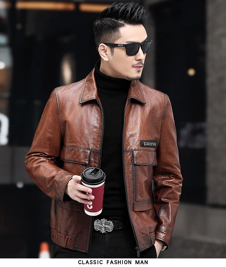 

Spring Genuine Cowhide Biker Coat Men Genuine Jacket Men Slim Fit Motorcycle Leather Jacket