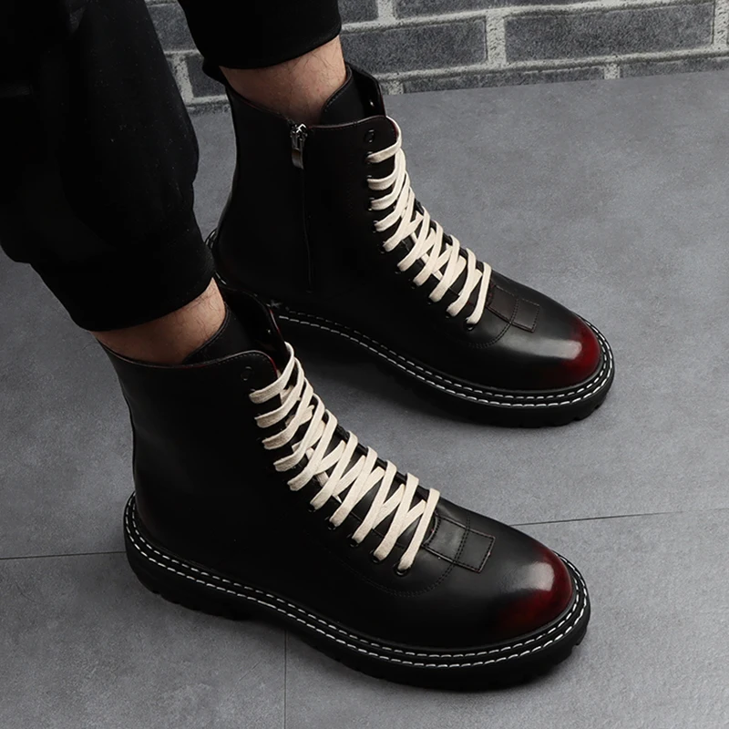 

Korean style mens boots tide leisure shoes stage punk wear genuine leather platform boot lace-up cowboy ankle botas zapatillas