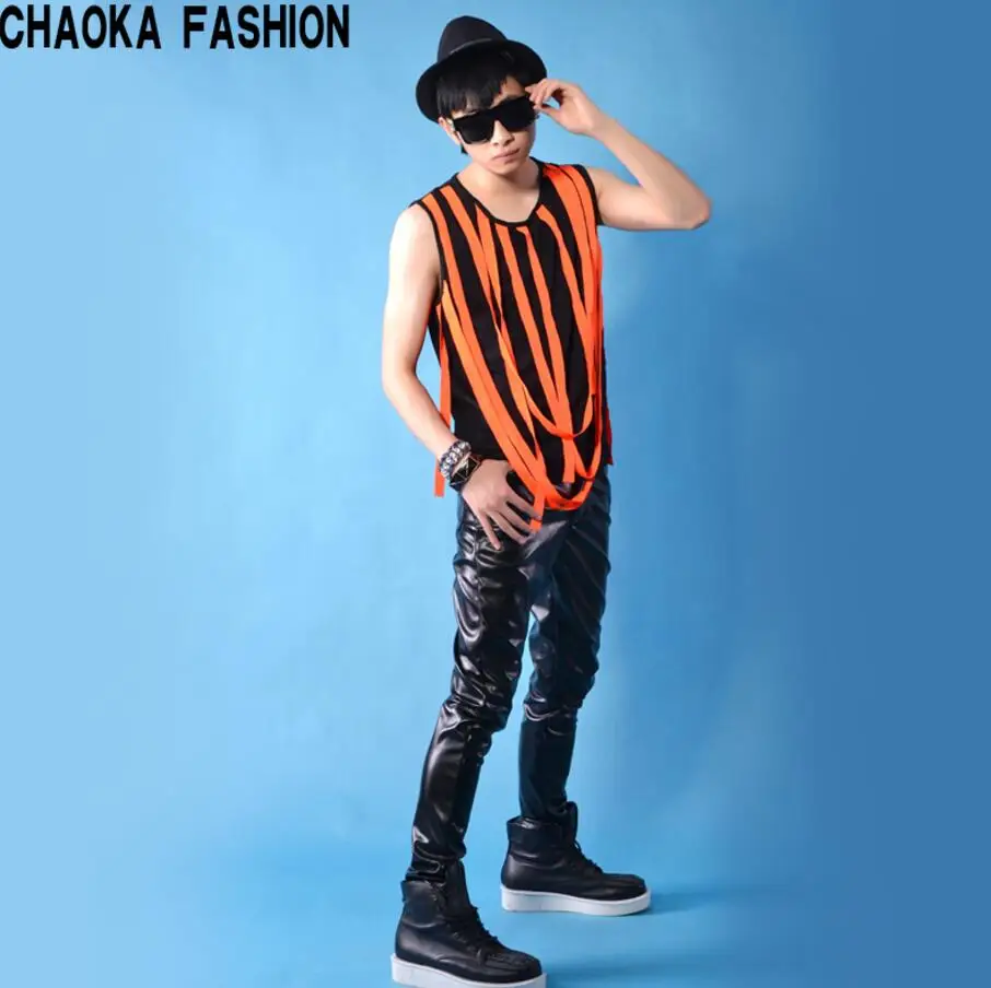 

The Europe And United States Large Size Personaly Fluorescent Color Stitching Design Vest Nightclub Dj Men Singer Costumes/s-5xl