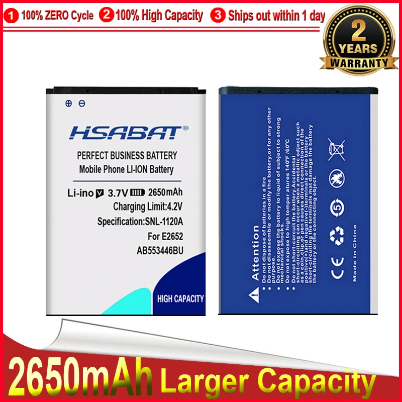 Аккумулятор HSABAT 2650mAh AB553446BU для Samsung E2652 C3300 C3300K E2120 E3300 S5150 M3200 B100 L250 L258 M628 W539 X989.