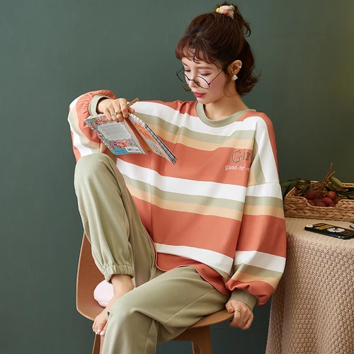 

Plus Size 3XL 4XL pajama set women spring Autumn Sleep Lounge Long Sleeve Stripe Women stripe Full Cotton Sleepwear set homewear