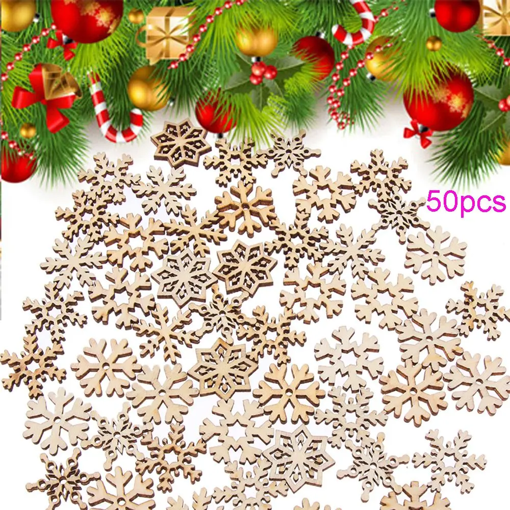 

50pcs/set with Hole Decoration DIY Crafts Pendant Ornament Embellishment Scrapbooking Snowflake Natural Wood