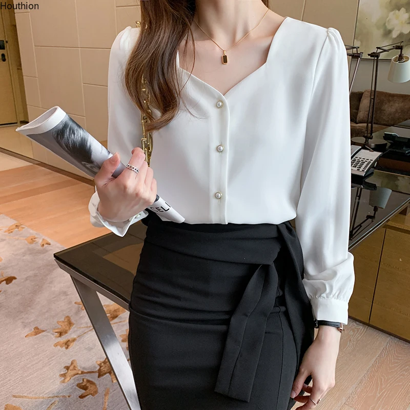 

Autumn New Women's Blouse V-neck Shirt Long Sleeve Top Stitching Solid Color Chiffon Casual Fashion Lady Loose