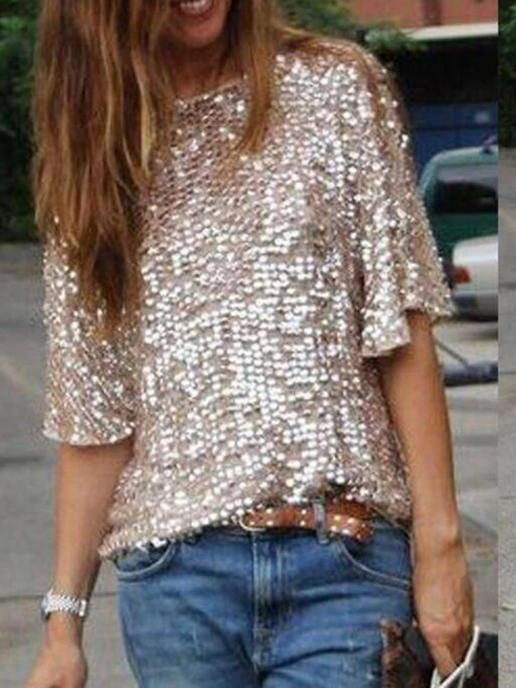 Women Short sleeve Bling Sequin T Shirt Tee Top Summer | Женская одежда