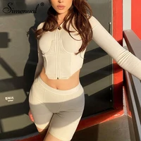 simenual workout active wear tight fitness loungewear sets women zip up hooded top and biker shorts two piece outfits casual new