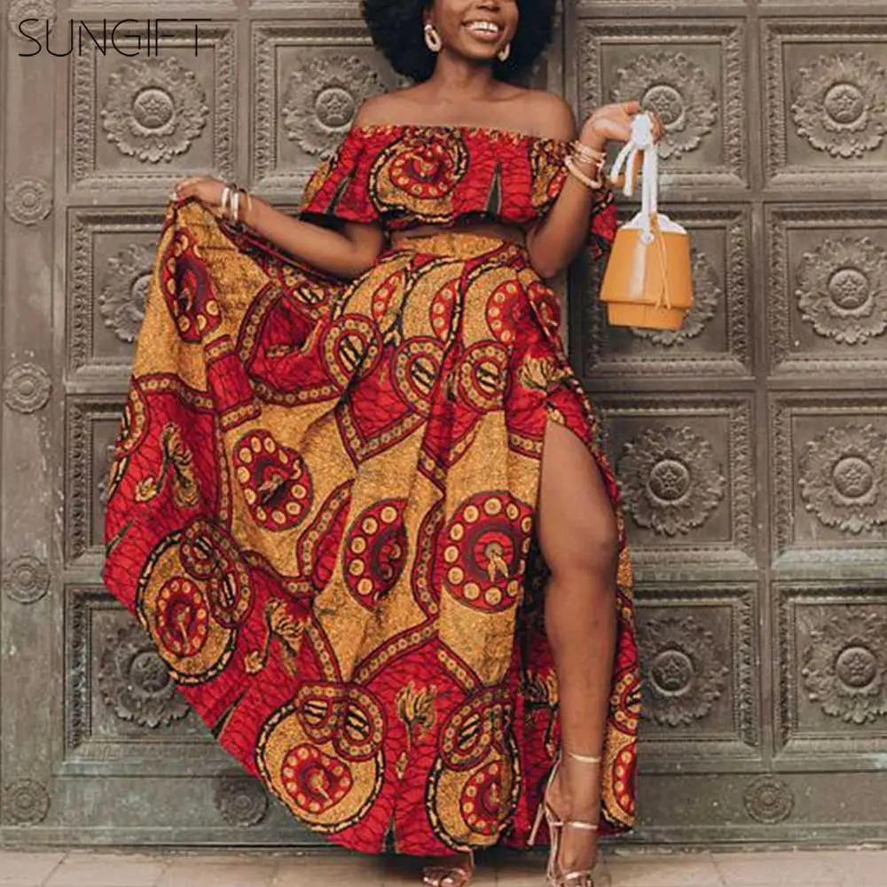 SUNGIFT Dashiki/Вечерние платья с открытыми плечами разноцветное платье принтом 2019